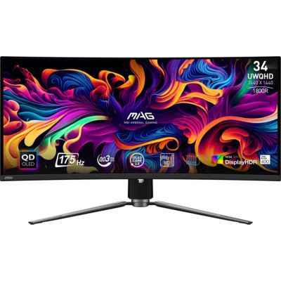 image MSI mag 341CQP QD-OLED Moniteur de Gaming incurvé UWQHD 34", 1800R, Panneau Quantum Dot OLED 3440 x 1440, 175 Hz / 0,03 ms, 99% DCI-P3, ΔE≤2, DisplayHDR True Black 400, KVM, DP 1.4a, HDMI 2.1, USB