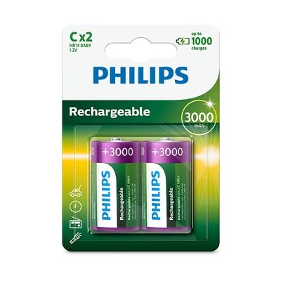 image Philips Rechargeables Batterie R14B2A300/10 - Piles domestiques (Batterie rechargeable, Hybrides nickel-métal (NiMH), 1,2 V, 3000 mAh, Cd (cadmium), Hg (mercure), 0,086 g)