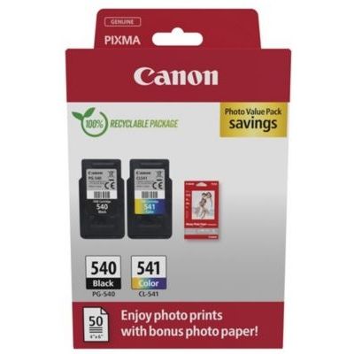 image Canon Pack Encre & Papier - PG-540/CL-541 Cartouches d'encre Authentiques pour imprimante - 2 Packs (1x Noir, 1x Couleur) & Papier Photo 4x6 (50 x Feuilles) - Compatible avec l'imprimante PIXMA