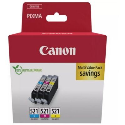 image Canon CLI-521 Lot de 3 Cartouches d'encre Authentiques (Cyan, Magenta, Jaune) – Carton de sécurité Multipack