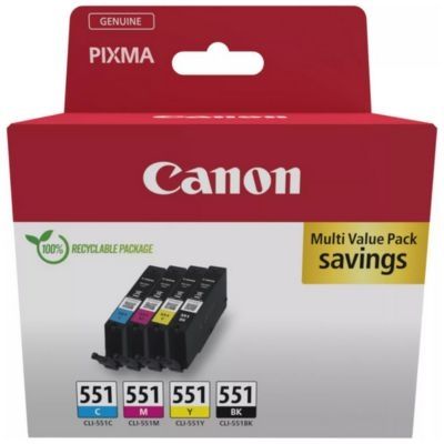 image Canon CLI-551 Lot de 4 Cartouches d'encre Authentiques (Noir, Cyan, Magenta, Jaune) – Carton de sécurité Multipack