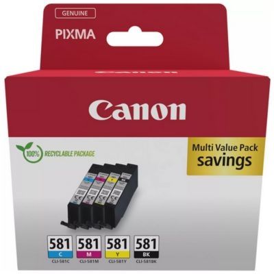 image Canon CLI-581 Lot de 4 Cartouches d'encre Authentiques (Noir, Cyan, Magenta, Jaune) – Carton de sécurité Multipack