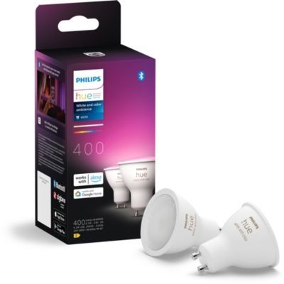 image Philips Hue White and Color Ambiance, Lot de 2 Ampoules connectée GU10, lumière Blanche et Couleur, Compatible Bluetooth, contrôle Vocal avec Alexa, Apple Home et Google Assistant, Blanc