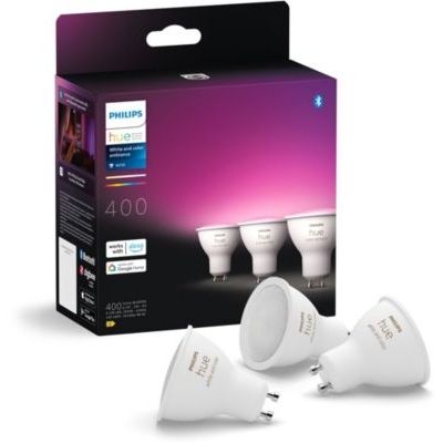 image Philips Hue White and Color Ambiance, lot de 3 ampoules connectée GU10, lumière blanche et couleur, compatible Bluetooth, contrôle vocal avec Alexa, Apple Home et Google Assistant