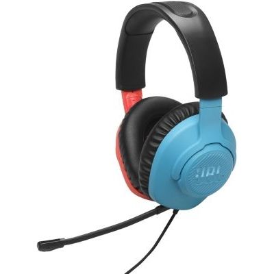 image JBL Quantum 100N, casque gaming circum-auriculaire filaire, micro amovible, QuantumSURROUND Signature, comfortable, compatibilité multiplateformes et Windows Sonic Spatial Sound, en rouge et bleu