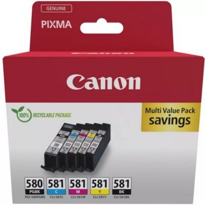 image Canon Lot de 5 Cartouches d'encre d'origine PGI-580 / CLI-581 (2 x Noir, Cyan, Magenta, Jaune) – Carton de sécurité Multipack