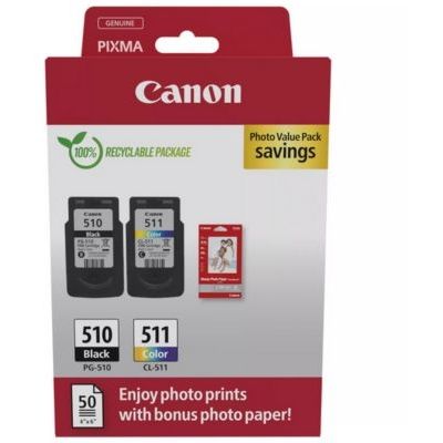 image Canon PG-510 / CL-511 Genuine Ink Cartridges, Pack of 2 (1 x Black, 1 x Colour), Includes 50 Sheets of 4x6 Photo Paper - Security Cardboard Multipack