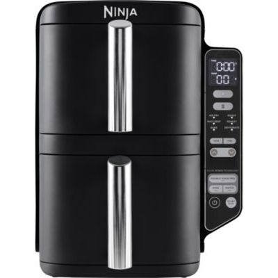 image Ninja Double Stack Air Fryer, Friteuse verticale sans huile à 2 tiroirs, 4 niveaux cuisson, 2 tiroirs et 2 grilles, design compact, capacité de 7,6L, 6 fonctions de Cuisson, 6 portions, gris SL300EU