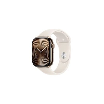 image Apple Watch Series 10 (46 mm GPS + Cellular) Montre connectée avec Boîtier en Titane Or et Bracelet Sport lumière stellaire (S/M). Suivi de l’activité Physique, app ECG, écran Retina Toujours activé