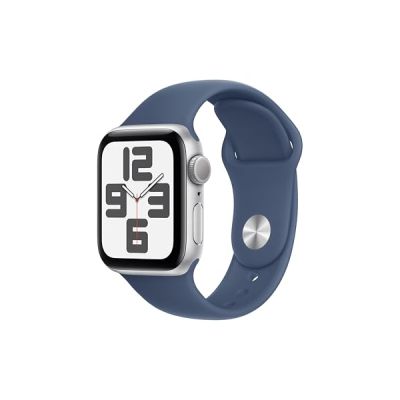 image Apple Watch SE (2ᵉ génération) 40 mm GPS Montre connectée avec Boîtier en Aluminium Argent et Bracelet Sport Denim (M/L). Suivi activité et Sommeil, détection Accidents, Suivi fréquence Cardiaque