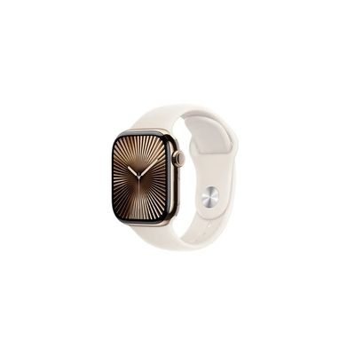 image Apple Watch Series 10 (42 mm GPS + Cellular) Montre connectée avec Boîtier en Titane Or et Bracelet Sport lumière stellaire (M/L). Suivi de l’activité Physique, app ECG, écran Retina Toujours activé