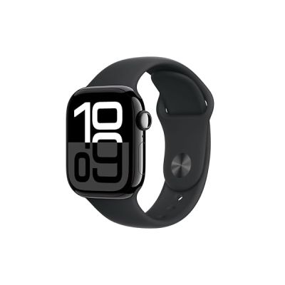 image Apple Watch Series 10 (42 mm GPS) Montre connectée avec Boîtier en Aluminium Noir de Jais et Bracelet Sport Noir (M/L). Suivi de l’activité Physique, app ECG, écran Retina Toujours activé