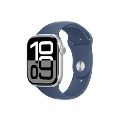 image Apple Watch Series 10 (GPS + Cellular 46 mm) Smartwatch mit Aluminiumgehäuse in Silber und Sportarmband in Denim (M/L). Fitnesstracker, EKG App, Always-on Retina Display, Wasserschutz