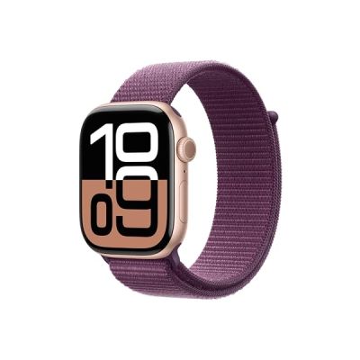 image Apple Watch Series 10 (GPS 46 mm) Smartwatch mit Aluminiumgehäuse in Roségold und Sport Loop in Pflaume (One Size). Fitnesstracker, EKG App, Always-on Retina Display, CO₂ Neutral