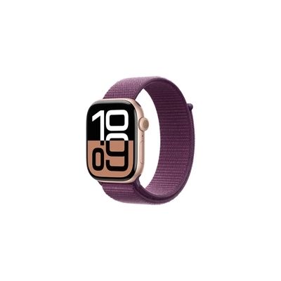 image Apple Watch Series 10 (GPS + Cellular 46 mm) Smartwatch mit Aluminiumgehäuse in Roségold und Sport Loop in Pflaume (One Size). Fitnesstracker, EKG App, Always-on Retina Display, CO₂ Neutral