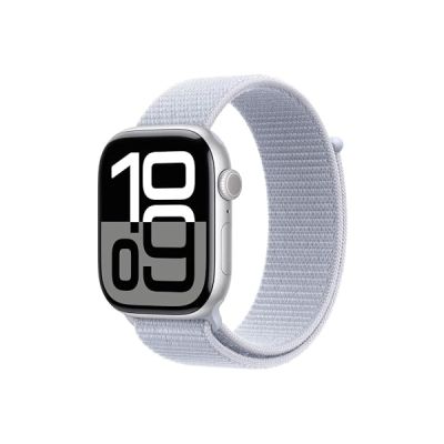 image Apple Watch Series 10 (GPS + Cellular 46 mm) Smartwatch mit Aluminiumgehäuse in Silber und Sport Loop in Blaue Wolke (One Size). Fitnesstracker, EKG App, Always-on Retina Display, CO₂ Neutral