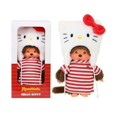 image Bandai Monchhichi - Peluche Monchhichi Hello Kitty - Peluche Singe Iconique des années 80 - Peluche Toute Douce 20 cm pour Enfants et Adultes - Jouet Enfant 2 Ans et + - SE252848