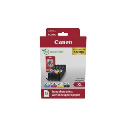 image Canon CLI-551XL Lot de 4 Cartouches d'encre Authentiques à Haut rendement (Noir, Cyan, Magenta, Jaune) ; Comprend 50 Feuilles de Papier Photo 10 x 15 cm – Multipack en Carton