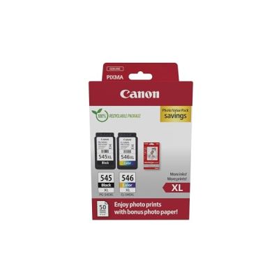 image Canon PG-545XL / CL-546XL Lot de 2 Cartouches d'encre Authentiques à Haut rendement Couleurs et Noir 50 Feuilles de Papier Photo 10 x 15 cm