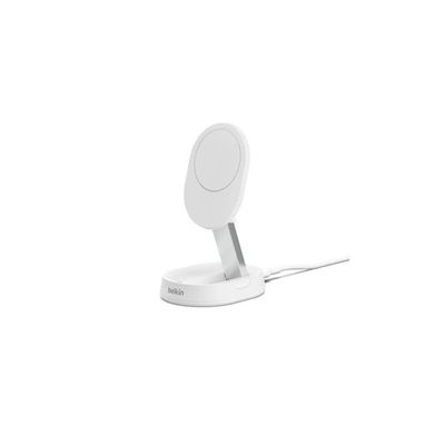 image Belkin BoostCharge Pro chargeur sans fil magnétique et pliable, chargeur magnétique Qi2 15W, chargeur induction compatible MagSafe pour iPhone 16/15/14, AirPods, adaptateur secteur 20W inclus - blanc