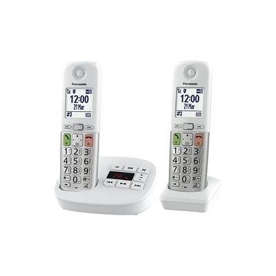 image Panasonic KX-TGU432EXW Téléphone Numérique sans Fil avec Répondeur, Unité de Base et 2 Combinés, Écran LCD, Appels Favori, Lampe Torche, Compatible avec Les Appareils Auditifs, Blanc et Argent