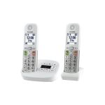 image produit Panasonic KX-TGU432EXW Téléphone Numérique sans Fil avec Répondeur, Unité de Base et 2 Combinés, Écran LCD, Appels Favori, Lampe Torche, Compatible avec Les Appareils Auditifs, Blanc et Argent