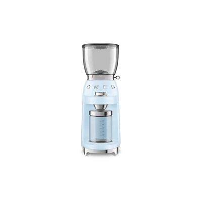 image Smeg, Moulin à Café CGF11PBEU, Niveau de Mouture Réglable, 30 niveaux, Réservoir Grains de 350 g, Quantité de Mouture Réglable, avec Système Antistatique, 150 W, Bleu Azur