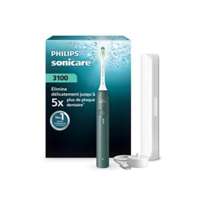 Philips Sonicare série 3100 – Brosse à dents électrique, capteur de pression, 3 intensités, EasyStart, SmarTimer, 14 jours d’autonomie, étui de voyage, coloris vert forêt, HX4033/26, [Nouveau]