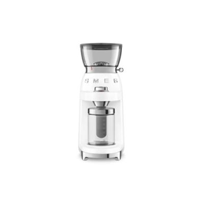 Smeg, Moulin à café CGF03WHEU - 15 niveaux de mouture - Réservoir à grains de café de 240 g - Quantité de mouture réglable - Système antistatique - 150 W - Blanc