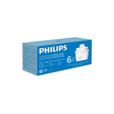 Philips Water Cartouches filtrantes de rechange Filtration avancée, paquet de 6, réduisent les MICROPLASTIQUES, le CHLORE, le CALCAIRE, les MÉTAUX LOURDS, Compatible avec Brita*