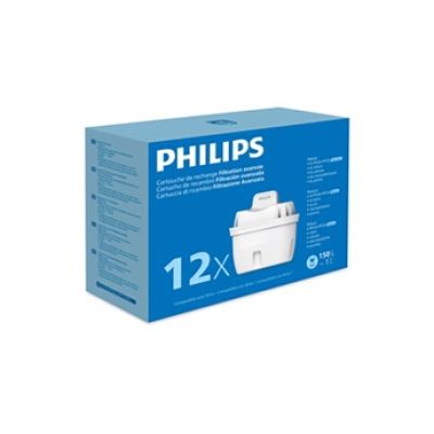 Philips Water Cartouches filtrantes de rechange Filtration avancée, paquet de 12, réduisent les MICROPLASTIQUES, le CHLORE, le CALCAIRE, les MÉTAUX LOURDS, Compatible avec Brita*