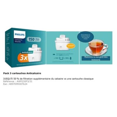 Philips Water Cartouches filtrantes de rechange Anticalcaire+, paquet de 3, JUSQU’À 50 % DE RÉDUCTION DE LA DURETÉ EN PLUS, L’EMBALLAGE PEUT VARIER, Compatible avec Brita*