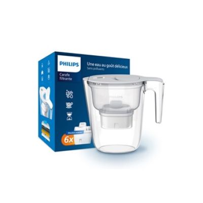 Philips Water Carafe filtrante avec 6 cartouches de remplacement, minuterie électronique, débit rapide, filtre le CHLORE, le CALCAIRE, les MÉTAUX LOURDS et les MICROPLASTIQUES, capacité de 2.6 L