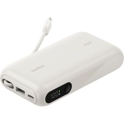 Belkin UltraCharge Batterie Externe 10K avec Câble USB-C Et Écran - Beige | Chargeur Portable 10K, Jusqu'à 3 Appareils (1 x USB-C + Câble Intégré, 1 x USB-A), 45 W, Chargeur Préchargé, Écran