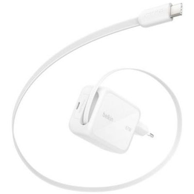Belkin Chargeur USB-C GaN 67 W avec Câble USB-C Rétractable 1 M Et Port USB C, pour iPhone, Recharge Rapide pour iPhone 17 Et 16 Series, Galaxy S26 Series, AirPods, Tablettes, MacBook, Chromebook