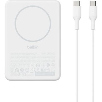 Belkin BoostCharge Slim Batterie Externe Magnétique 10K avec USB-C - Blanc | Chargeur Portable Sans Fil 10K, Anneau Magnétique, 2 x USB-C, Chargeur Préchargé, Léger, Câble Inclus, Design Portable