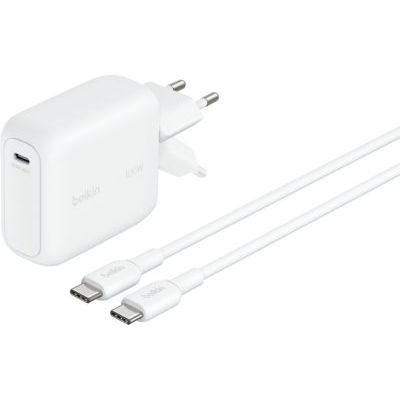 Belkin BoostCharge Chargeur Secteur GaN USB-C 100 W, Chargeur Compact Et Pliable, Recharge Rapide, pour iPhone 17, Samsung Galaxy S26, Pixel 10, AirPods, Tablette, MacBook, Chromebook - Blanc