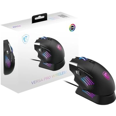 MSI Versa Pro Wireless + Mouse Dock Pro Souris Gaming + Station d'accueil | 26000 DPI (logiciel), 1000Hz/1ms, pour droitier, switches OMRON 70M+ clics, batt. 80 heures, 97g, 2,4Ghz/Bluetooth/USB 2.0