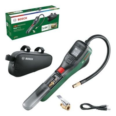 Bosch Pompe à vélo/Pompe à air/Mini-compresseur électrique EasyPump (Batterie 3,0 Ah; 3,6 V; Fonction Autostop; 150 PSI; 10,3 Bar; LED; USB-C; 3 adaptateurs; fiche à Connexion Rapide; Sac de vélo)