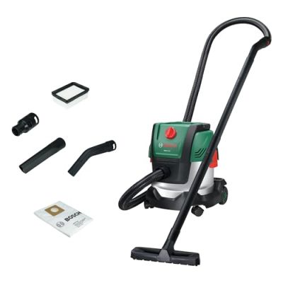 Bosch Aspirateur Eau et poussière PAS15-220 (Tubes rallonges, Flexible d’Aspiration 2,2 m, poignée-Tuyau coudé, suceurs pour sols et suceurs Droits, Sac en Non-tissé (Uni), Filtre plissé Plat)