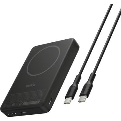 Belkin BoostCharge Slim Batterie Externe Magnétique 10K Et Béquille - Noir | Chargeur Portable Sans Fil 10K, Certifié Qi2, Anneau Magnétique, USB-C, Chargeur Préchargé, Câble Inclus, Design Portable