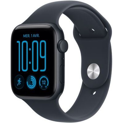 Apple Watch SE 3 (GPS), Boîtier en Aluminium Minuit de 44 mm | Bracelet Sport bleu marine - M/L. Fitness + Sommeil + Suivi de cycle, Fréquence cardiaque, Signes vitaux, Sécurité