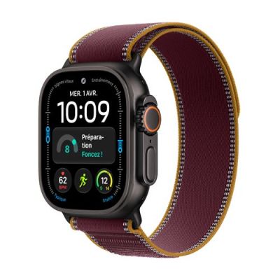 Apple Watch Ultra 4 GPS + Cellular, Boîtier en Titane Noir de 49 mm | Boucle Trail bourgogne - S/M. Suivi avancé de santé et de forme, autonomie de plus de 2 jours
