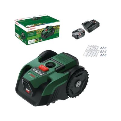 Bosch Tondeuse Robot sans-Fil VISIMOW18V-200 | pour pelouses jusqu’à 200 m², largeur de coupe: 18 cm, h. de coupe: 20-60 mm, avec lames de rechange, batterie et chargeur