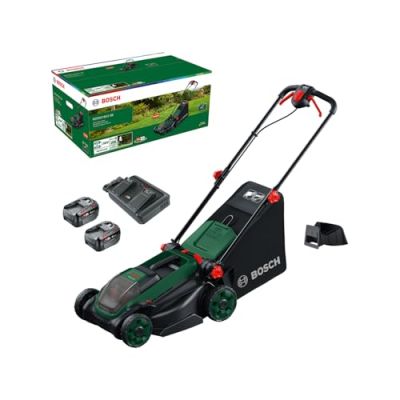 Bosch Tondeuse à Gazon sans-Fil ROTAK18V2-38 | largeur de coupe: 38cm, hauteur de coupe: 30-75mm, sac en tissu de 40l, accessoire de mulching, 2 batteries 18V & chargeur