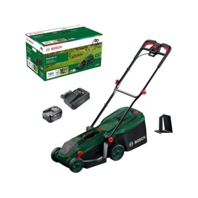 Bosch Tondeuse à Gazon sans-Fil ROTAK18V-34 | largeur de coupe: 34cm, hauteur de coupe: 25-65mm, sac de ramassage en tissu 35l, accessoire de mulching, batterie & chargeur