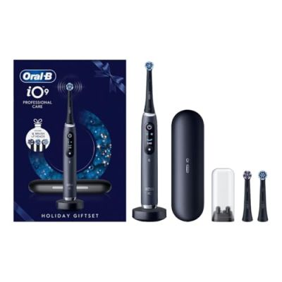Oral-B iO Series 9 Brosse à dents électrique, 2 brossettes, 7 modes de brossage pour les soins dentaires, analyse 3D, écran couleur et étui de voyage de charge, conçue par Braun, onyx noir