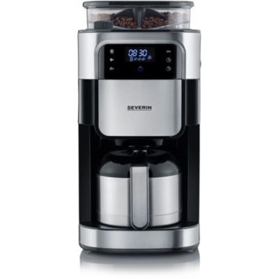 SEVERIN Cafetière avec broyeur intégré 1 000 W, Machine à café programmable avec minuteur, Cafetière filtre avec verseuse isotherme d'une contenance de 8 tasses, Noir/Inox, KA 4814