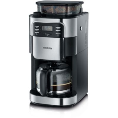 SEVERIN Cafetière avec broyeur intégré 1 000 W, Machine à café programmable avec minuteur, Cafetière filtre avec verseuse en verre d'une contenance de 10 tasses, Noir/Inox, KA 4810