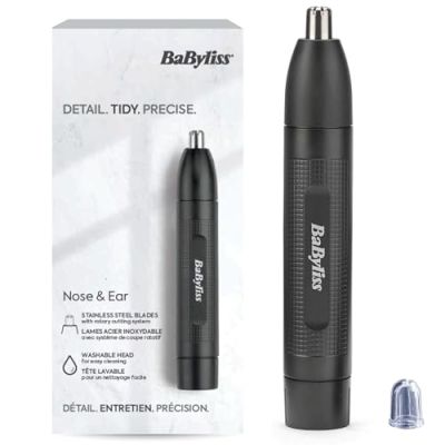 BaByliss Tondeuse Nez et Oreilles BaByliss - Système de coupe circulaire à 2 lames, Fonctionne sur pile, Acier inoxydable, Accessoires amovibles faciles à nettoyer, Noir, E650E